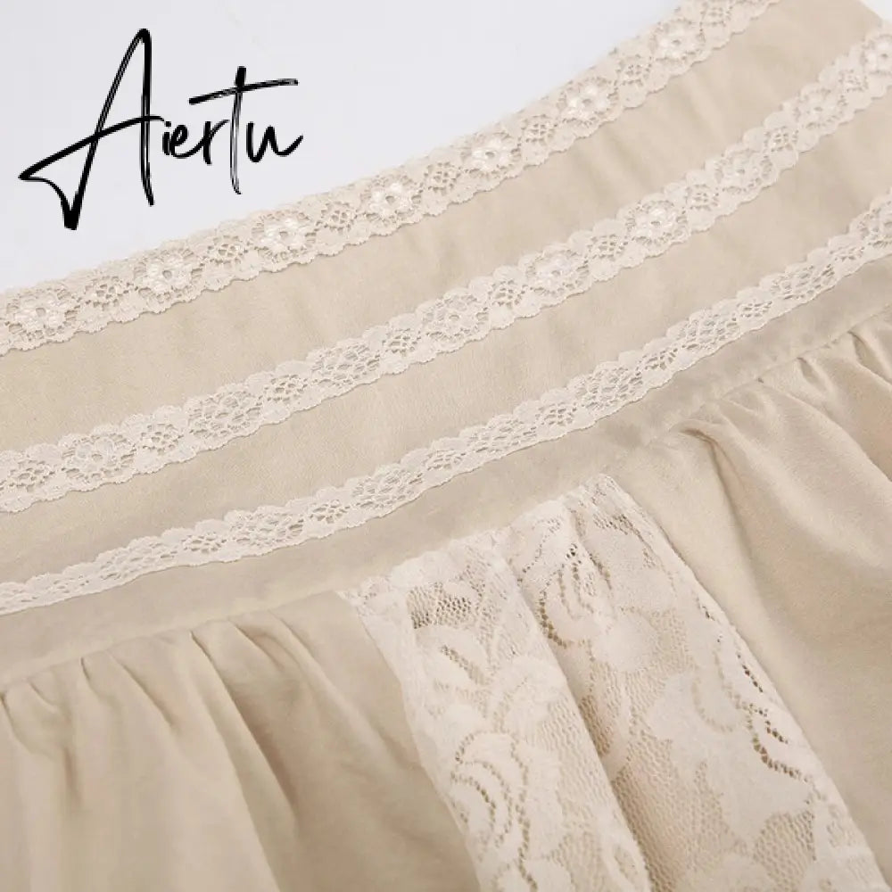 Aiertu Preppy Style Casual Patchwork Lace A-Line Skirt Solid Mid-Waisted Mini Skirts Women 2023 Summer Fashion Lady Streetwear Aiertu