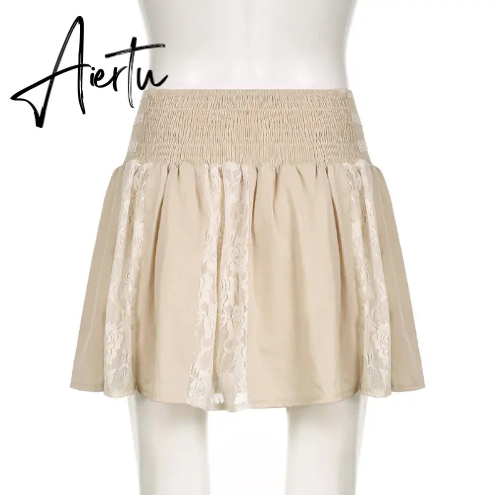 Aiertu Preppy Style Casual Patchwork Lace A-Line Skirt Solid Mid-Waisted Mini Skirts Women 2023 Summer Fashion Lady Streetwear Aiertu