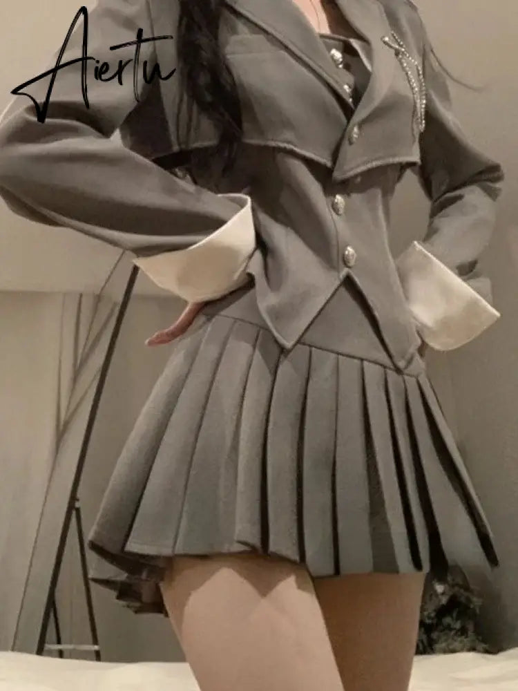Aiertu Preppy Style Elegant 3 Piece Set Women Chic Patchwork Casual Blazer Skirt Suit Female Korean Fashion Design Sweet Sets 2024 New Aiertu