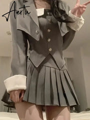 Aiertu Preppy Style Elegant 3 Piece Set Women Chic Patchwork Casual Blazer Skirt Suit Female Korean Fashion Design Sweet Sets 2024 New Aiertu