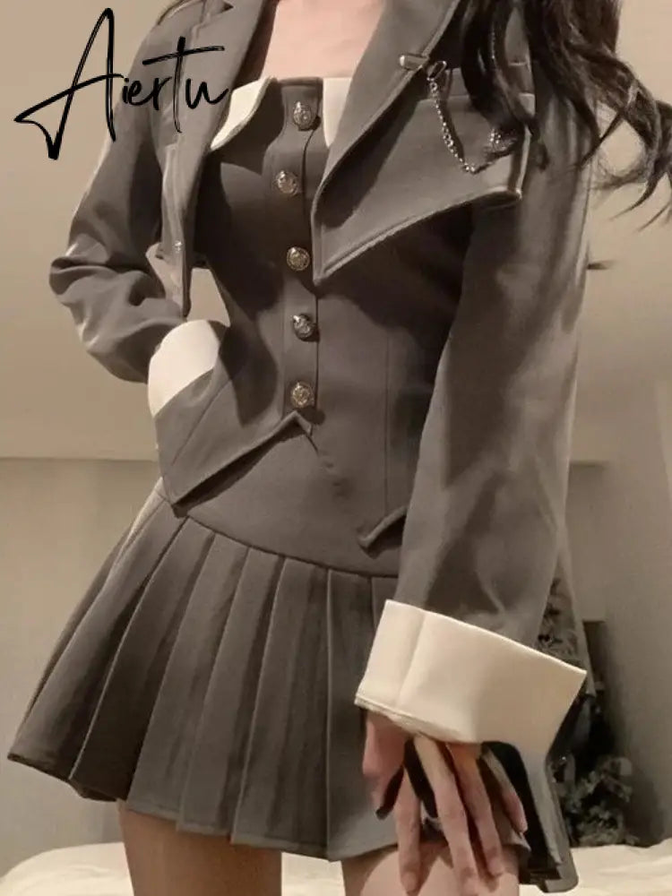 Aiertu Preppy Style Elegant 3 Piece Set Women Chic Patchwork Casual Blazer Skirt Suit Female Korean Fashion Design Sweet Sets 2024 New Aiertu