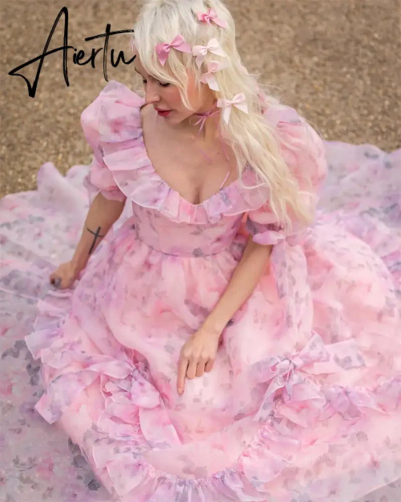 Aiertu  Princess Pink Floral Print Tulle A-line  Heart Shaped Neck Floor-Length Prom Dresses 2024 Aiertu