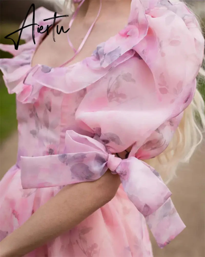 Aiertu  Princess Pink Floral Print Tulle A-line  Heart Shaped Neck Floor-Length Prom Dresses 2024 Aiertu