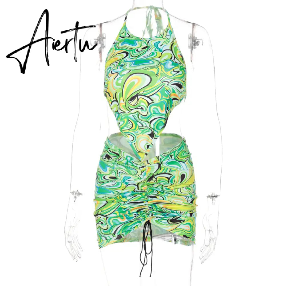 Aiertu Print Sleeveless Bodycon Halter Hollow Out Sexy Top Mini Dress Set Summer Women Fashion Streetwear Outfits Y2K Aiertu