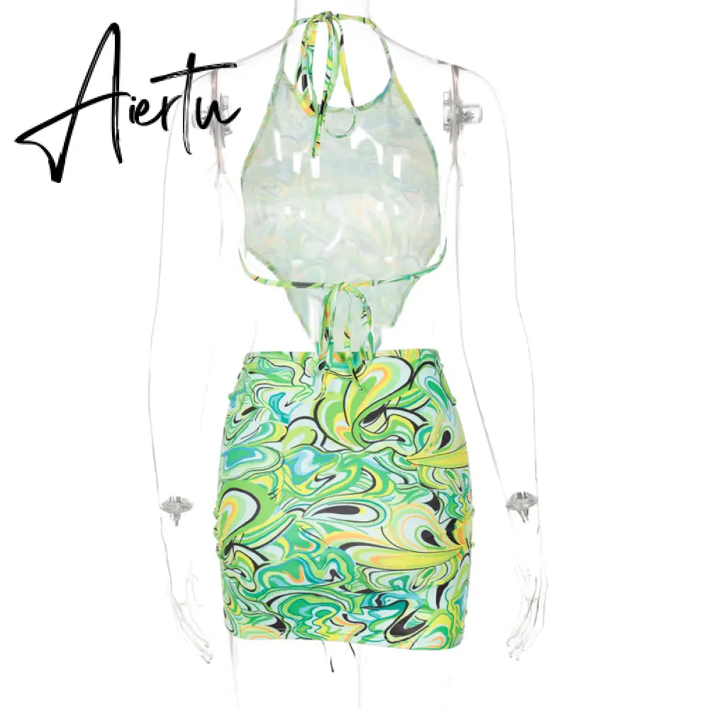 Aiertu Print Sleeveless Bodycon Halter Hollow Out Sexy Top Mini Dress Set Summer Women Fashion Streetwear Outfits Y2K Aiertu