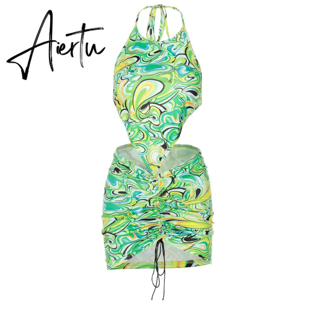 Aiertu Print Sleeveless Bodycon Halter Hollow Out Sexy Top Mini Dress Set Summer Women Fashion Streetwear Outfits Y2K Aiertu