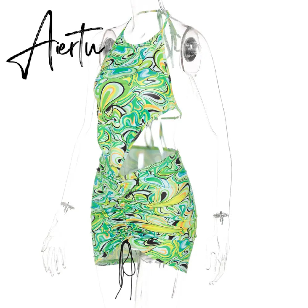 Aiertu Print Sleeveless Bodycon Halter Hollow Out Sexy Top Mini Dress Set Summer Women Fashion Streetwear Outfits Y2K Aiertu