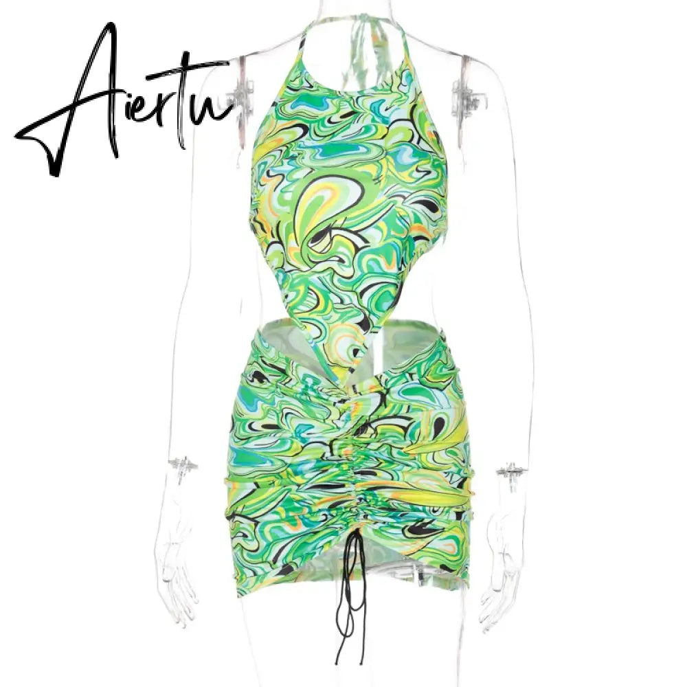 Aiertu Print Sleeveless Bodycon Halter Hollow Out Sexy Top Mini Dress Set Summer Women Fashion Streetwear Outfits Y2K Aiertu