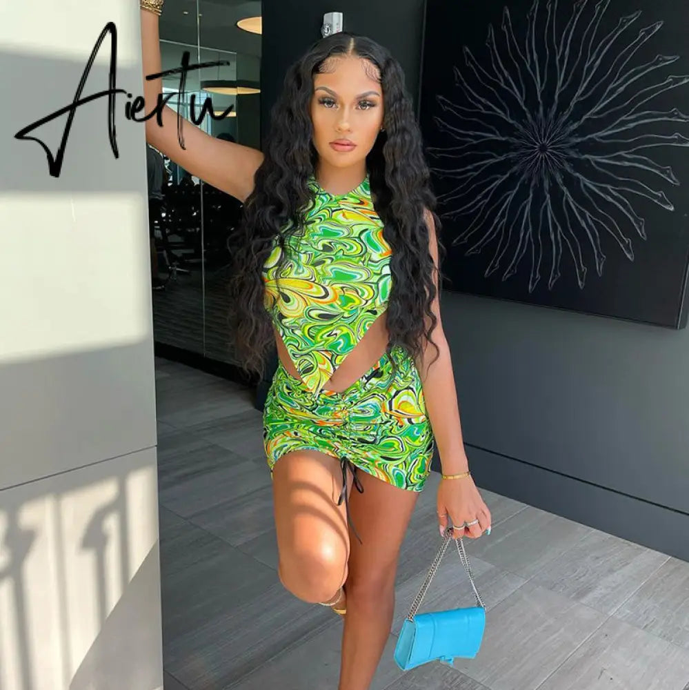Aiertu Print Sleeveless Bodycon Halter Hollow Out Sexy Top Mini Dress Set Summer Women Fashion Streetwear Outfits Y2K Aiertu