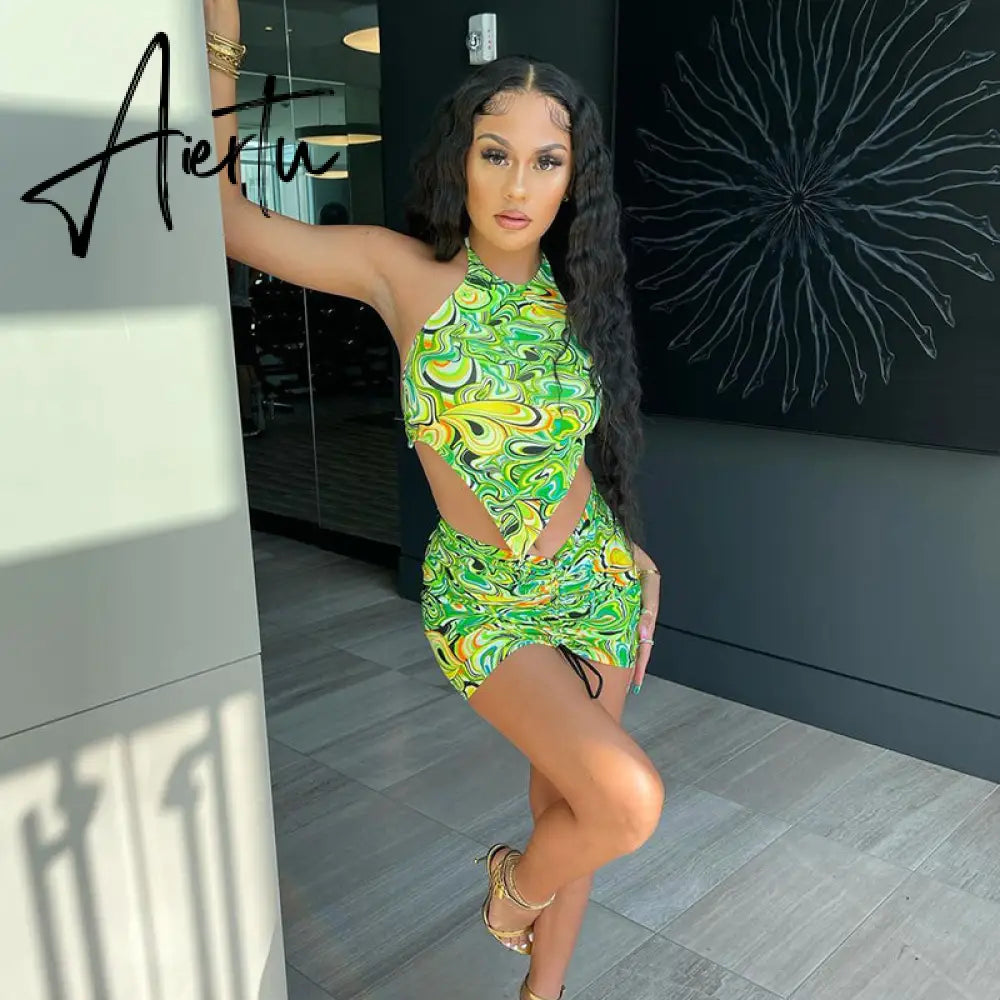 Aiertu Print Sleeveless Bodycon Halter Hollow Out Sexy Top Mini Dress Set Summer Women Fashion Streetwear Outfits Y2K Aiertu