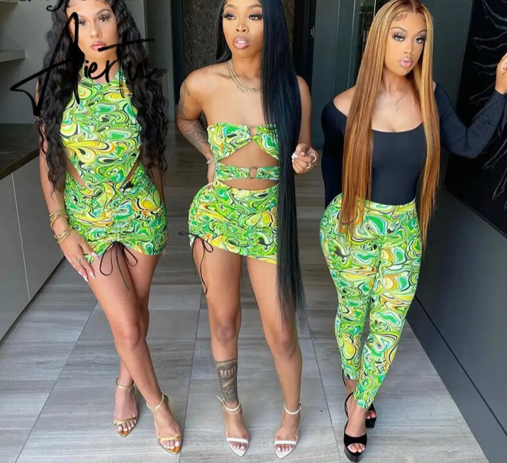 Aiertu Print Sleeveless Bodycon Halter Hollow Out Sexy Top Mini Dress Set Summer Women Fashion Streetwear Outfits Y2K Aiertu