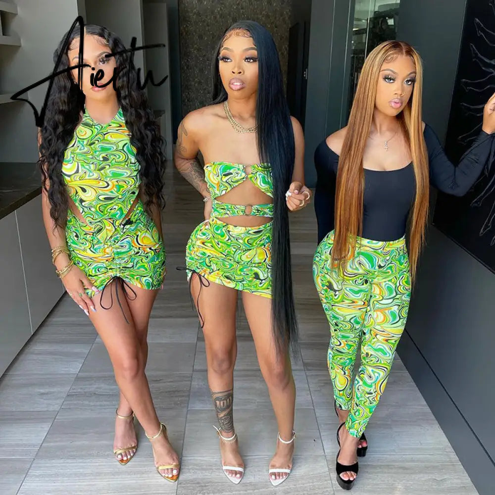 Aiertu Print Sleeveless Bodycon Halter Hollow Out Sexy Top Mini Dress Set Summer Women Fashion Streetwear Outfits Y2K Aiertu