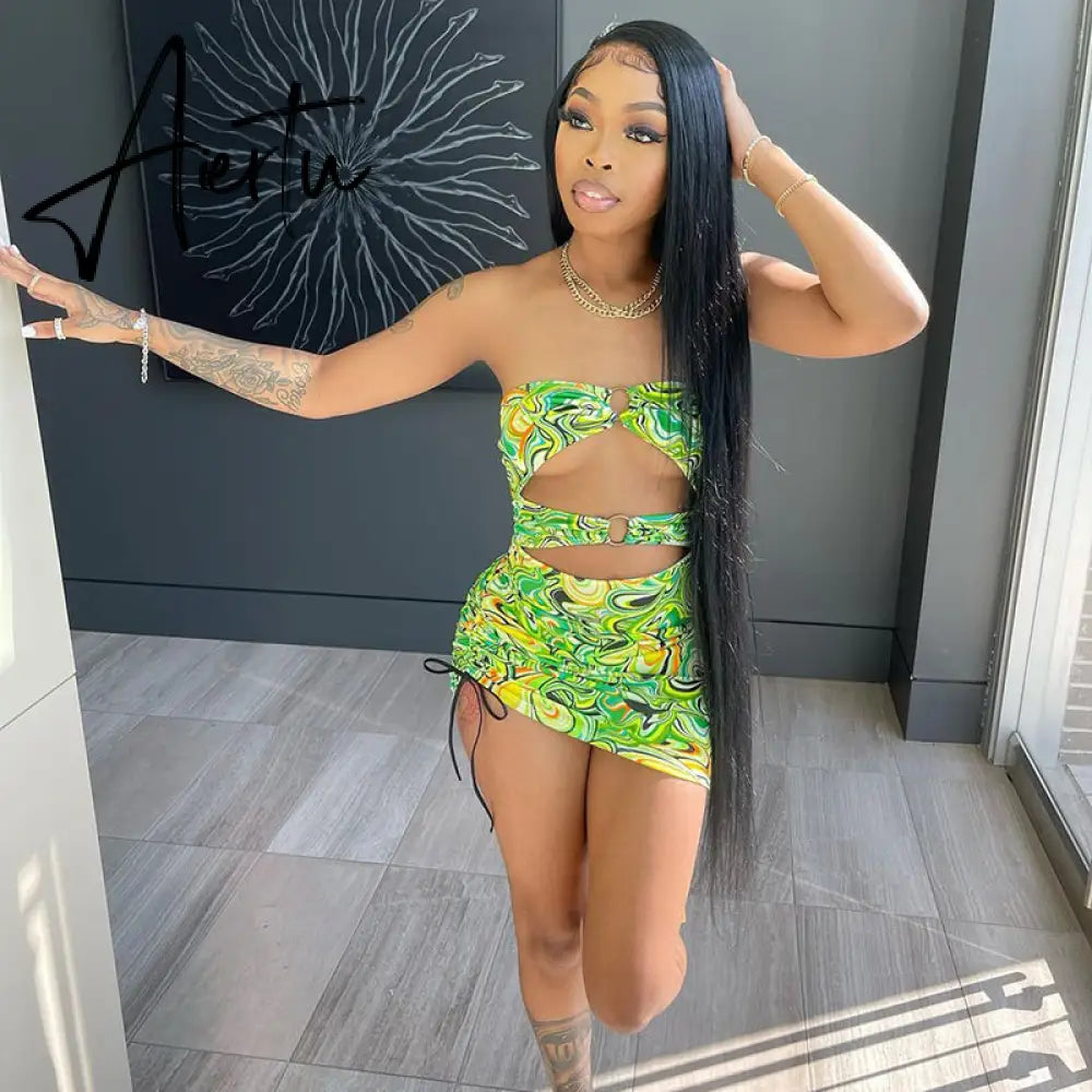 Aiertu Print Sleeveless Bodycon Halter Hollow Out Sexy Top Mini Dress Set Summer Women Fashion Streetwear Outfits Y2K Aiertu