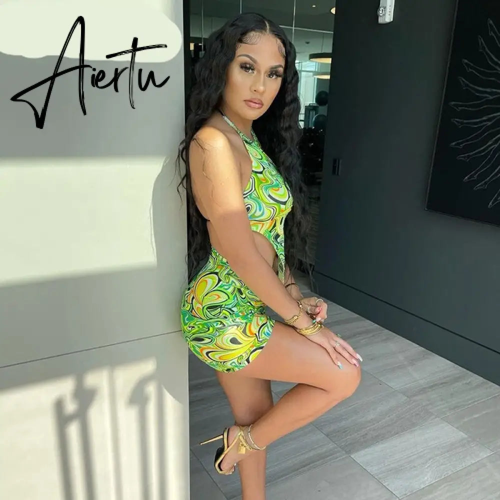 Aiertu Print Sleeveless Bodycon Halter Hollow Out Sexy Top Mini Dress Set Summer Women Fashion Streetwear Outfits Y2K Aiertu