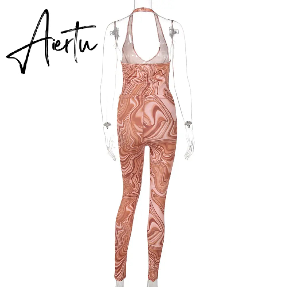Aiertu Print Sleeveless Halter Backless Jumpsuit Pants Set Summer Women Fashion Streetwear Outfits Y2K Robe Kpytomoa Aiertu