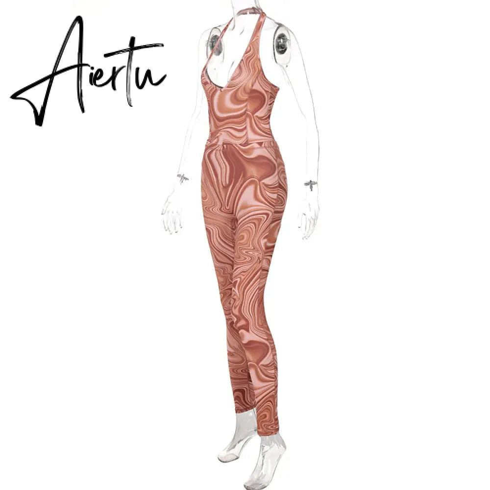 Aiertu Print Sleeveless Halter Backless Jumpsuit Pants Set Summer Women Fashion Streetwear Outfits Y2K Robe Kpytomoa Aiertu