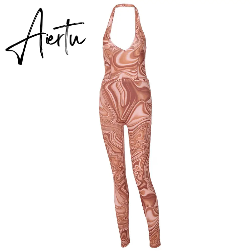 Aiertu Print Sleeveless Halter Backless Jumpsuit Pants Set Summer Women Fashion Streetwear Outfits Y2K Robe Kpytomoa Aiertu