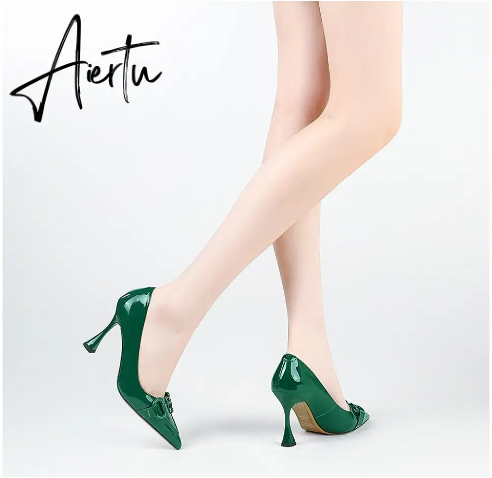 Aiertu  Pumps Women Genuine Leather Pointed Toe Emerald Green Stiletto High Heels Spring Bride Shoes Party Wedding Shoes Aiertu