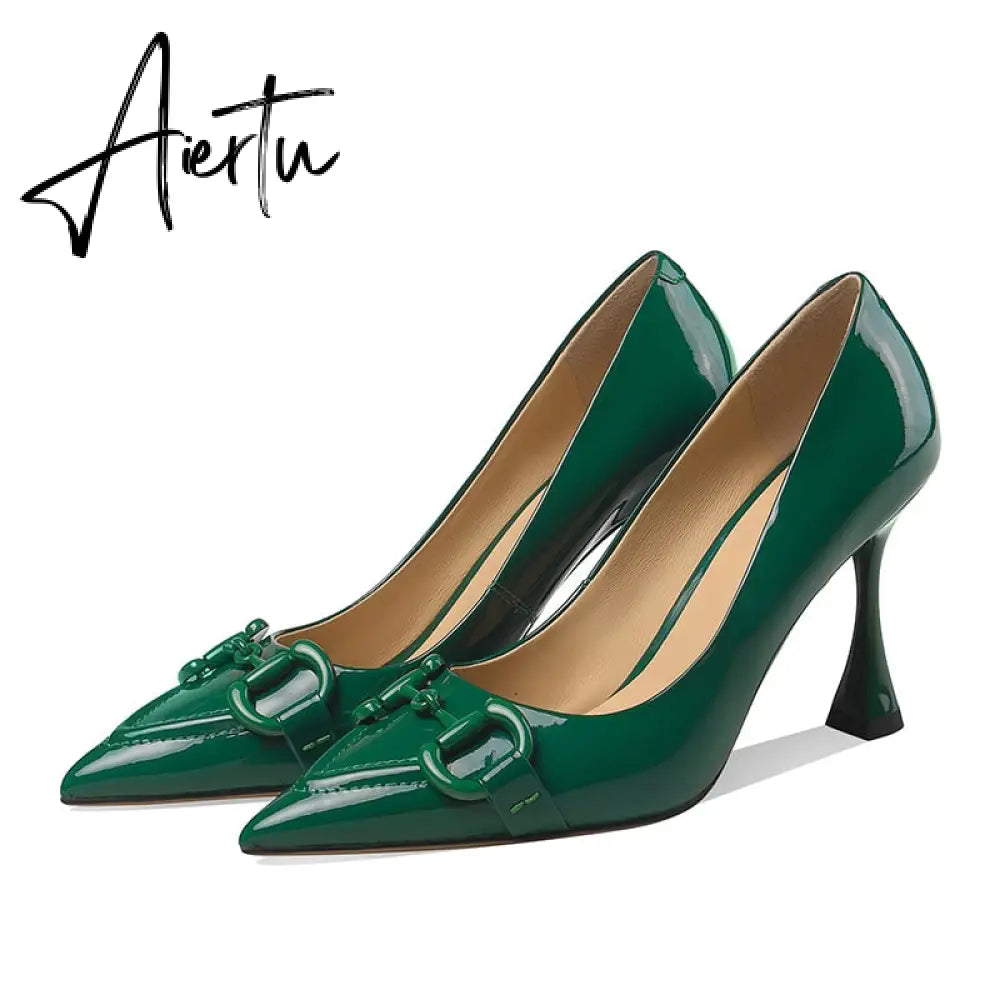 Aiertu  Pumps Women Genuine Leather Pointed Toe Emerald Green Stiletto High Heels Spring Bride Shoes Party Wedding Shoes Aiertu