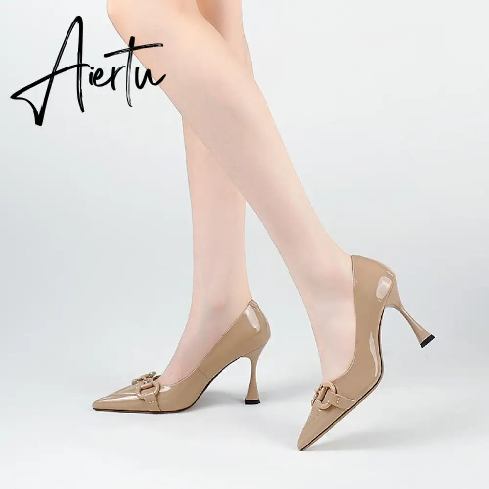 Aiertu  Pumps Women Genuine Leather Pointed Toe Emerald Green Stiletto High Heels Spring Bride Shoes Party Wedding Shoes Aiertu