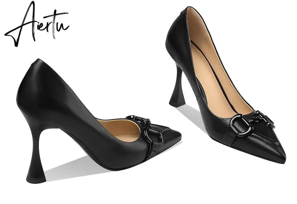 Aiertu  Pumps Women Genuine Leather Pointed Toe Emerald Green Stiletto High Heels Spring Bride Shoes Party Wedding Shoes Aiertu