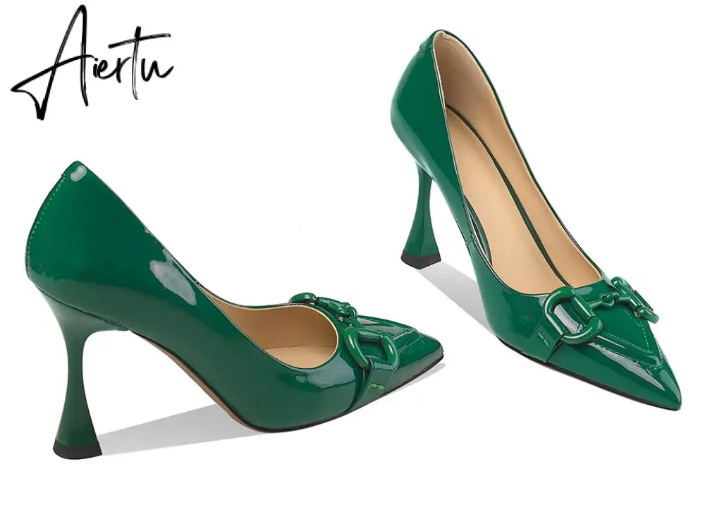 Aiertu  Pumps Women Genuine Leather Pointed Toe Emerald Green Stiletto High Heels Spring Bride Shoes Party Wedding Shoes Aiertu