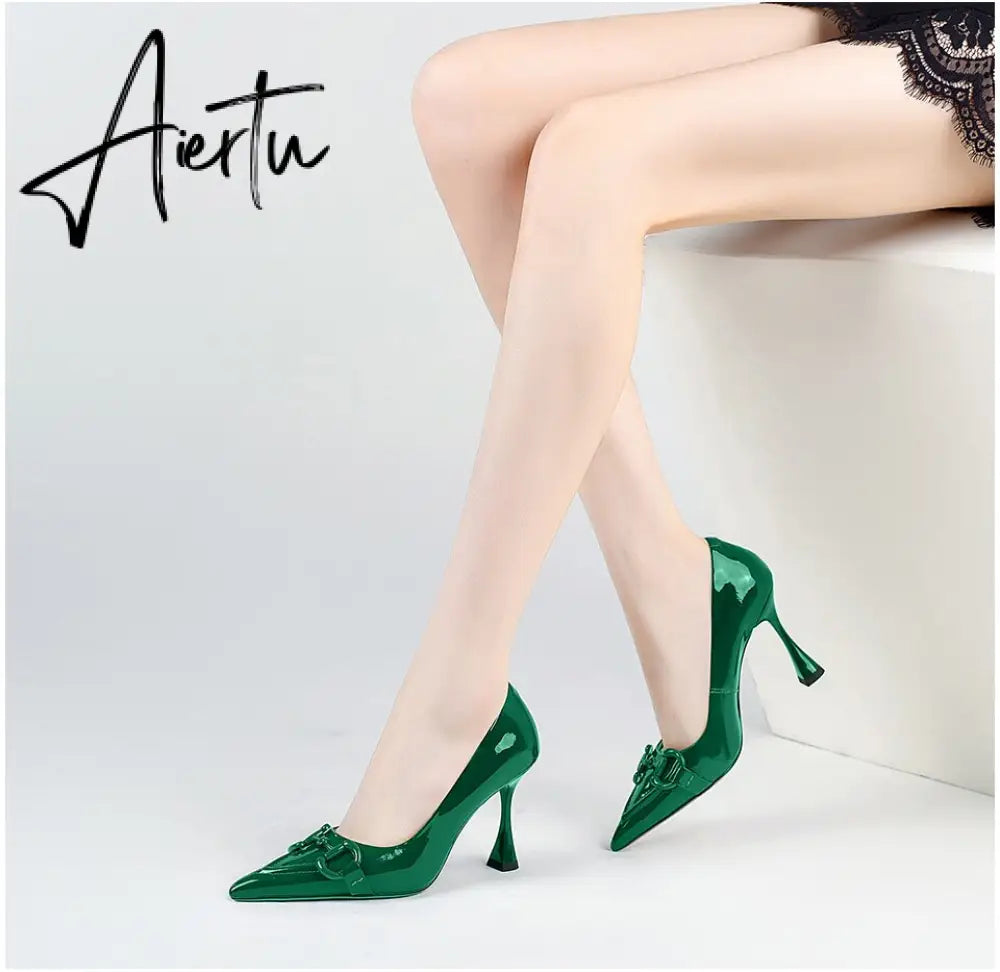 Aiertu  Pumps Women Genuine Leather Pointed Toe Emerald Green Stiletto High Heels Spring Bride Shoes Party Wedding Shoes Aiertu