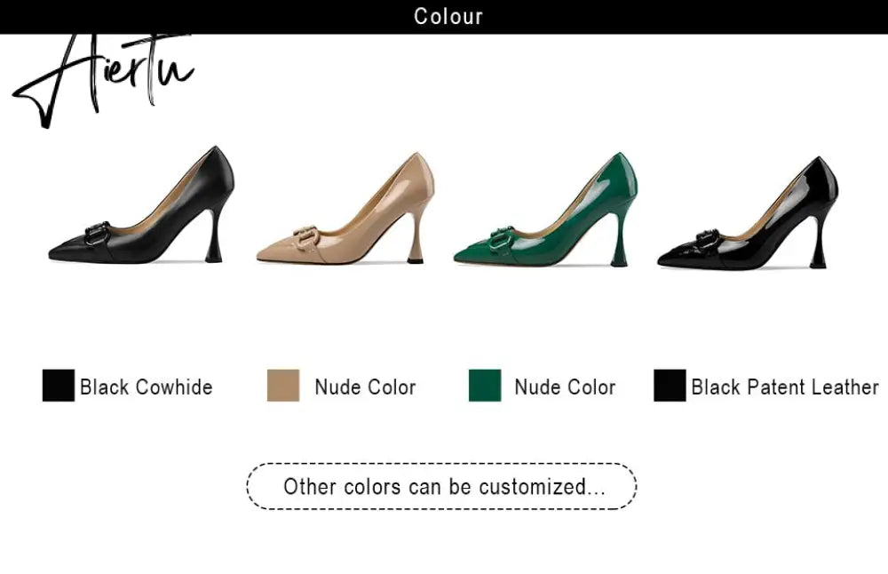 Aiertu  Pumps Women Genuine Leather Pointed Toe Emerald Green Stiletto High Heels Spring Bride Shoes Party Wedding Shoes Aiertu