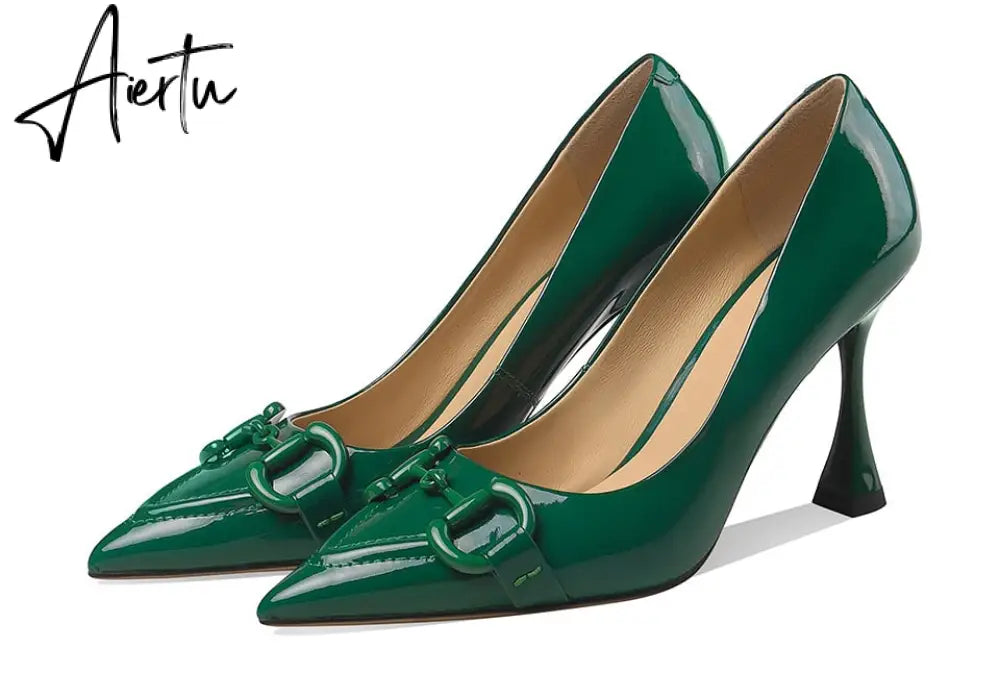 Aiertu  Pumps Women Genuine Leather Pointed Toe Emerald Green Stiletto High Heels Spring Bride Shoes Party Wedding Shoes Aiertu