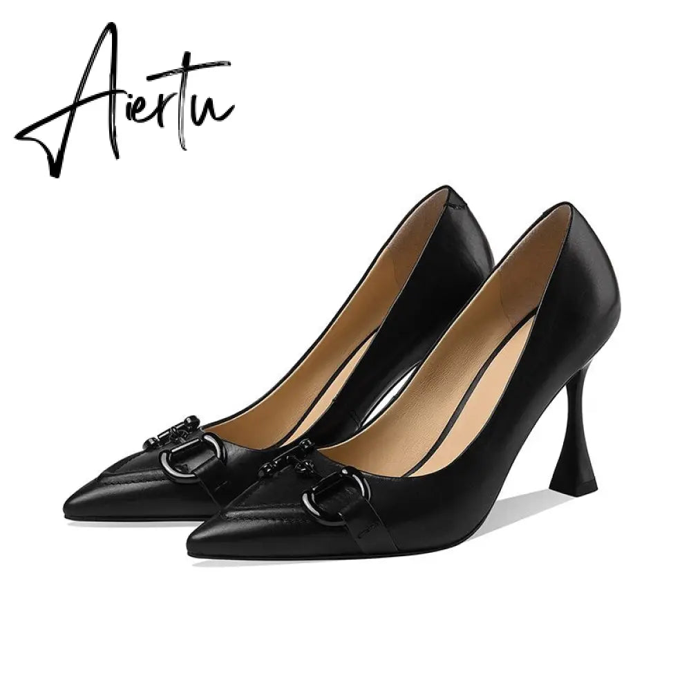 Aiertu  Pumps Women Genuine Leather Pointed Toe Emerald Green Stiletto High Heels Spring Bride Shoes Party Wedding Shoes Aiertu