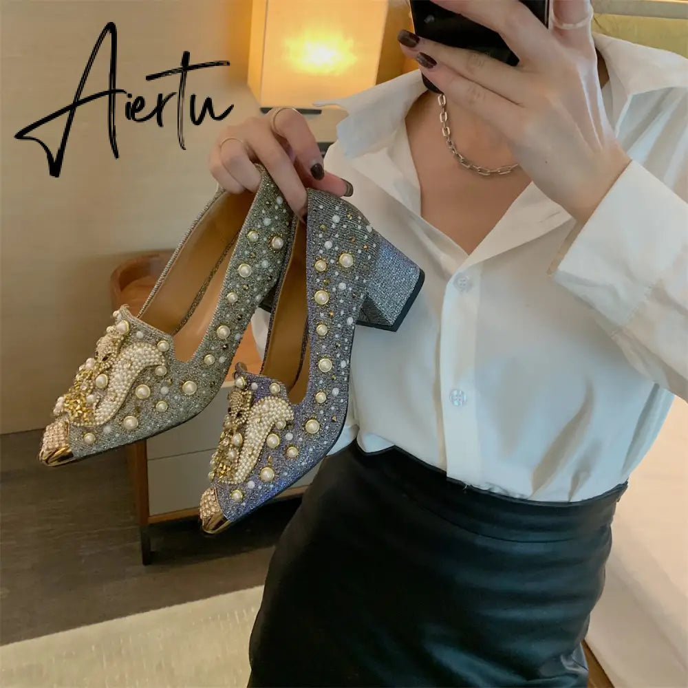 Aiertu Pumps Women Shoes High Heels Loafers Slip on Luxury Mules Elegant Designer Shoes Slip on Pointed Toe Fashion Ladies Oxford Style Aiertu