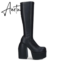 Aiertu Punk Style Autumn Winter Boots Elastic Microfiber Shoes Woman Ankle Boots High Heels Black Thick Platform Long Knee High Boots Aiertu