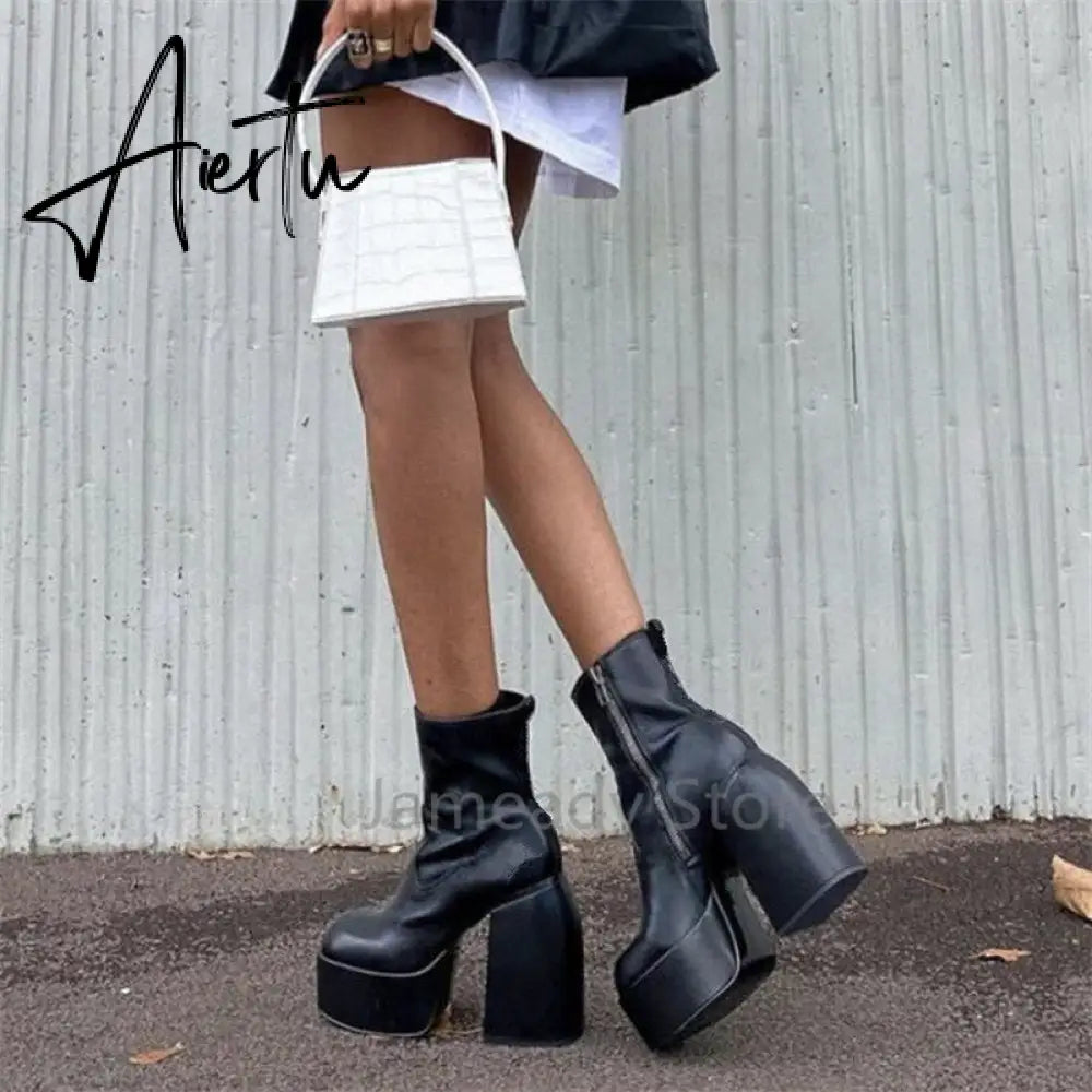 Aiertu Punk Style Autumn Winter Boots Elastic Microfiber Shoes Woman Ankle Boots High Heels Black Thick Platform Long Knee High Boots Aiertu