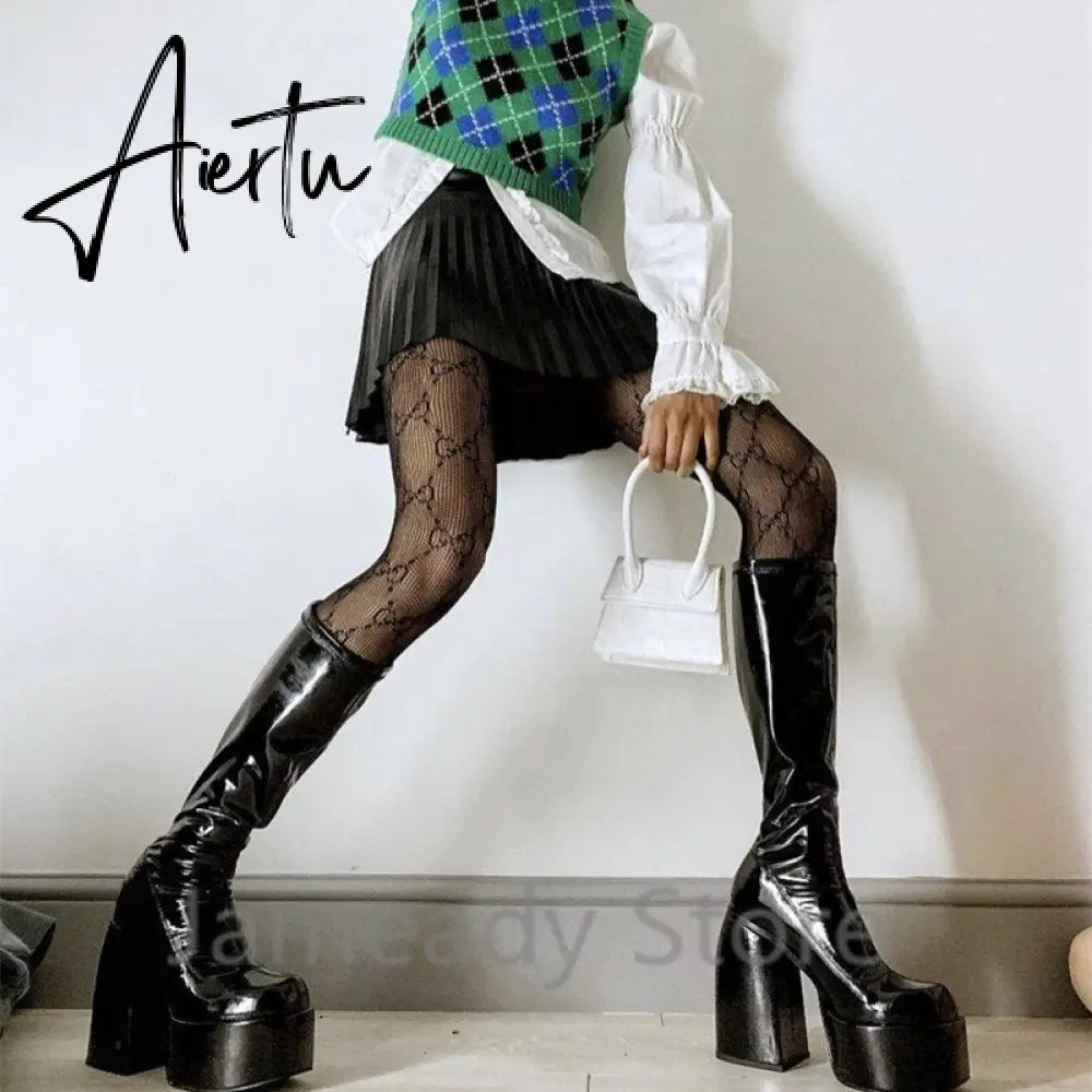 Aiertu Punk Style Autumn Winter Boots Elastic Microfiber Shoes Woman Ankle Boots High Heels Black Thick Platform Long Knee High Boots Aiertu