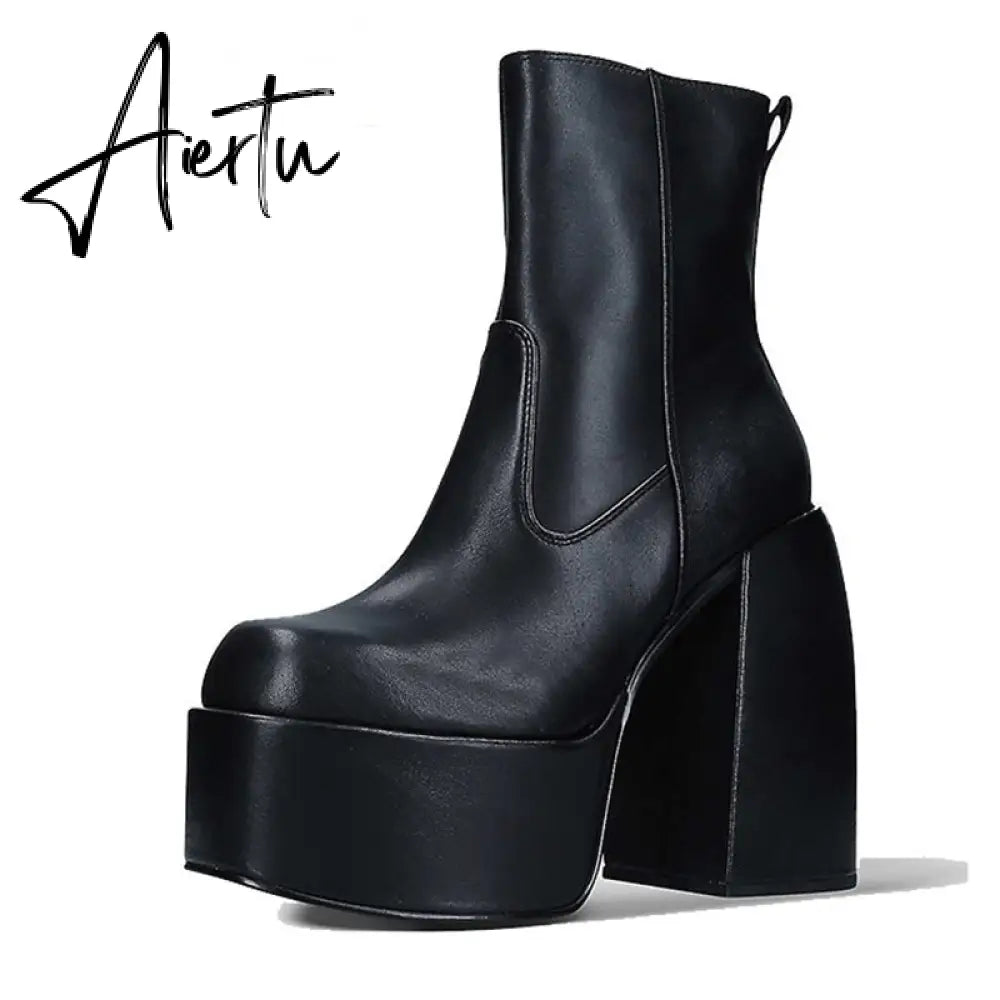 Aiertu Punk Style Autumn Winter Boots Elastic Microfiber Shoes Woman Ankle Boots High Heels Black Thick Platform Long Knee High Boots Aiertu