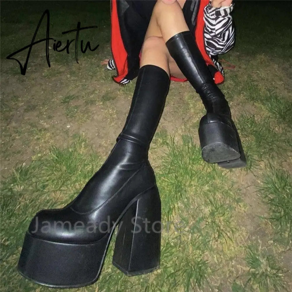 Aiertu Punk Style Autumn Winter Boots Elastic Microfiber Shoes Woman Ankle Boots High Heels Black Thick Platform Long Knee High Boots Aiertu