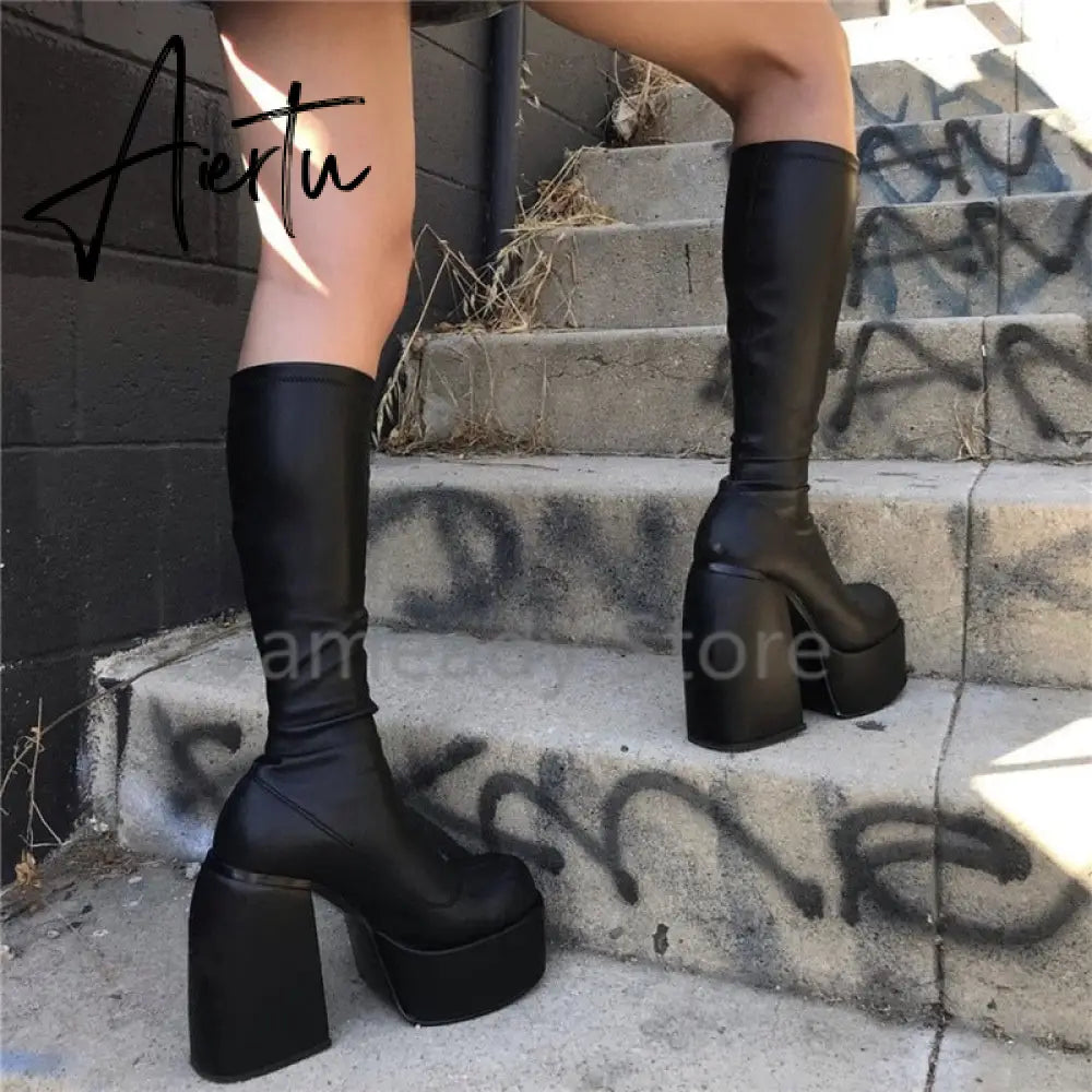 Aiertu Punk Style Autumn Winter Boots Elastic Microfiber Shoes Woman Ankle Boots High Heels Black Thick Platform Long Knee High Boots Aiertu