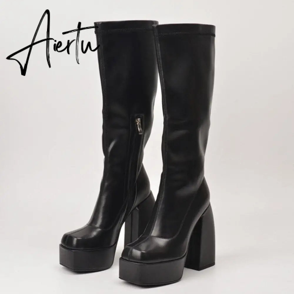 Aiertu Punk Style Autumn Winter Boots Elastic Microfiber Shoes Woman Ankle Boots High Heels Black Thick Platform Long Knee High Boots Aiertu