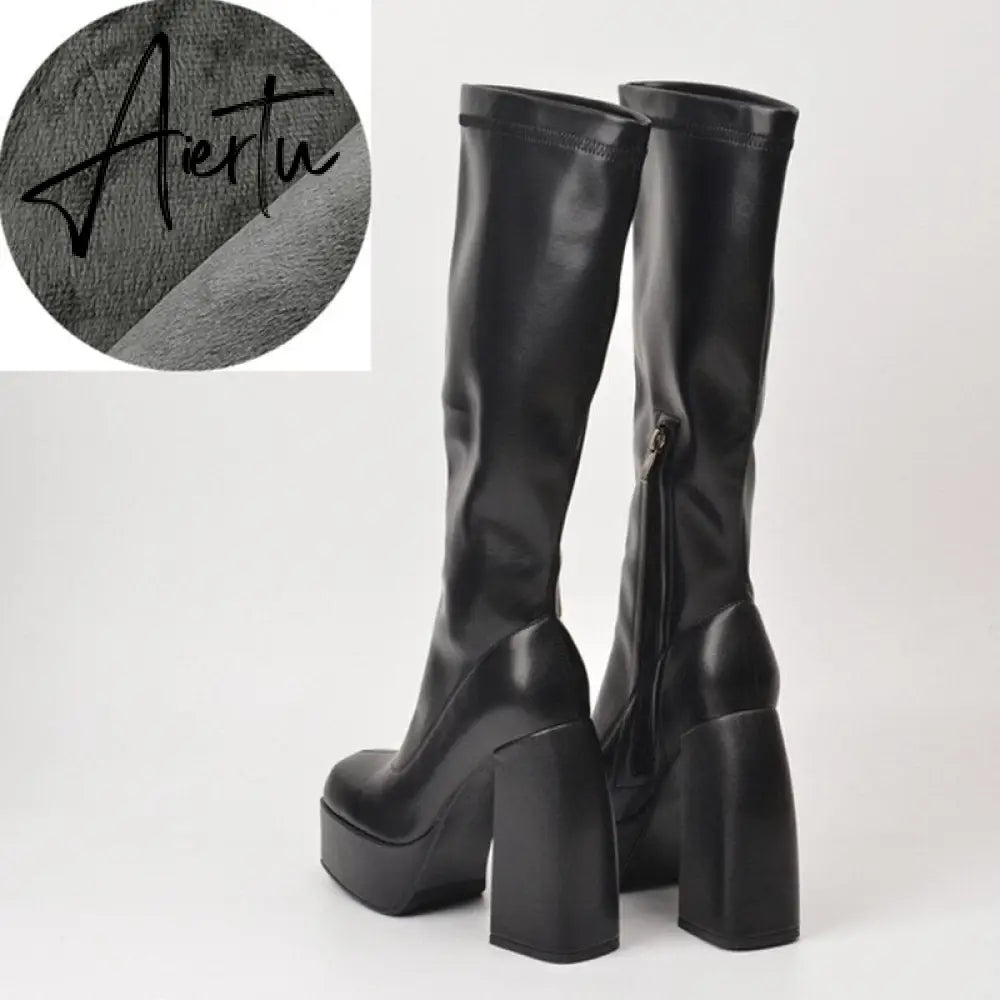 Aiertu Punk Style Autumn Winter Boots Elastic Microfiber Shoes Woman Ankle Boots High Heels Black Thick Platform Long Knee High Boots Aiertu