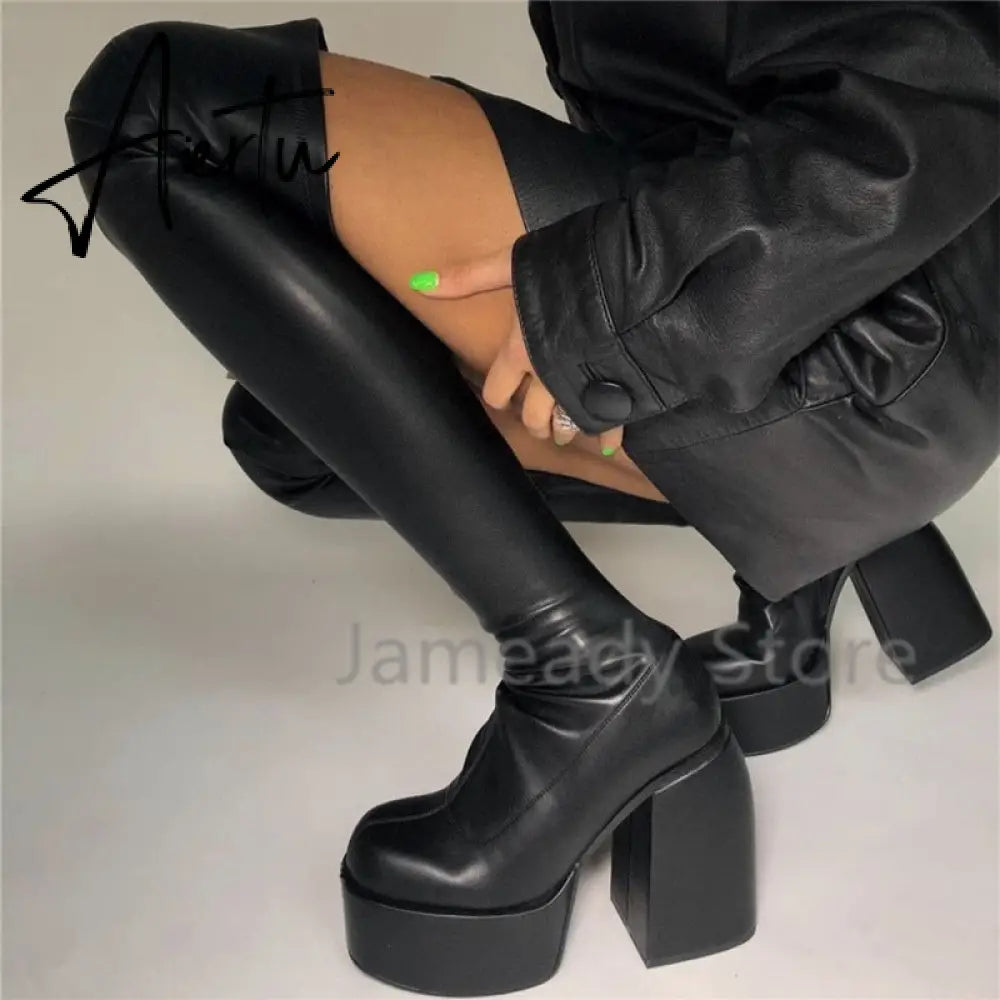 Aiertu Punk Style Autumn Winter Boots Elastic Microfiber Shoes Woman Ankle Boots High Heels Black Thick Platform Long Knee High Boots Aiertu