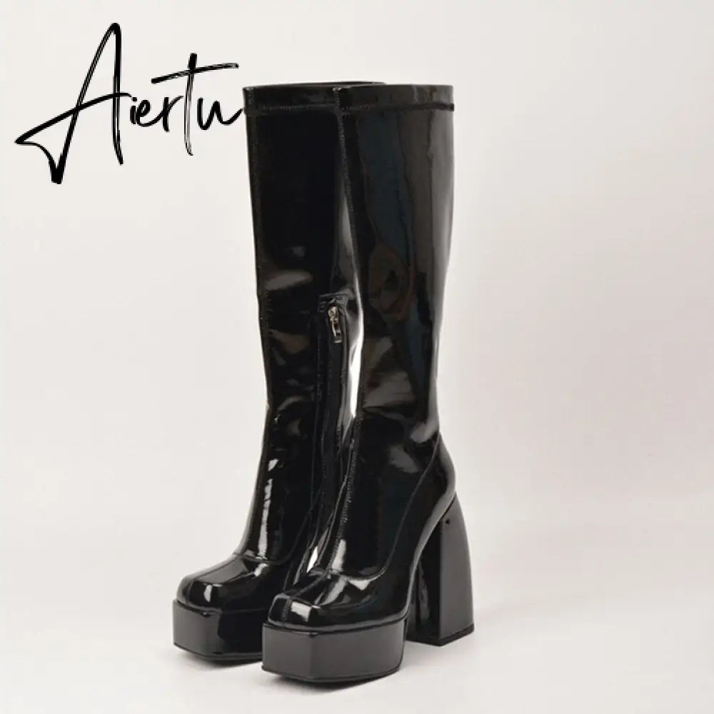 Aiertu Punk Style Autumn Winter Boots Elastic Microfiber Shoes Woman Ankle Boots High Heels Black Thick Platform Long Knee High Boots Aiertu