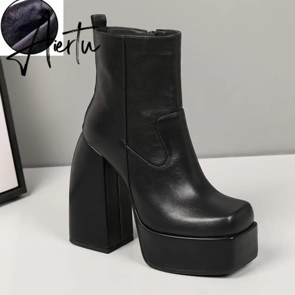 Aiertu Punk Style Autumn Winter Boots Elastic Microfiber Shoes Woman Ankle Boots High Heels Black Thick Platform Long Knee High Boots Aiertu