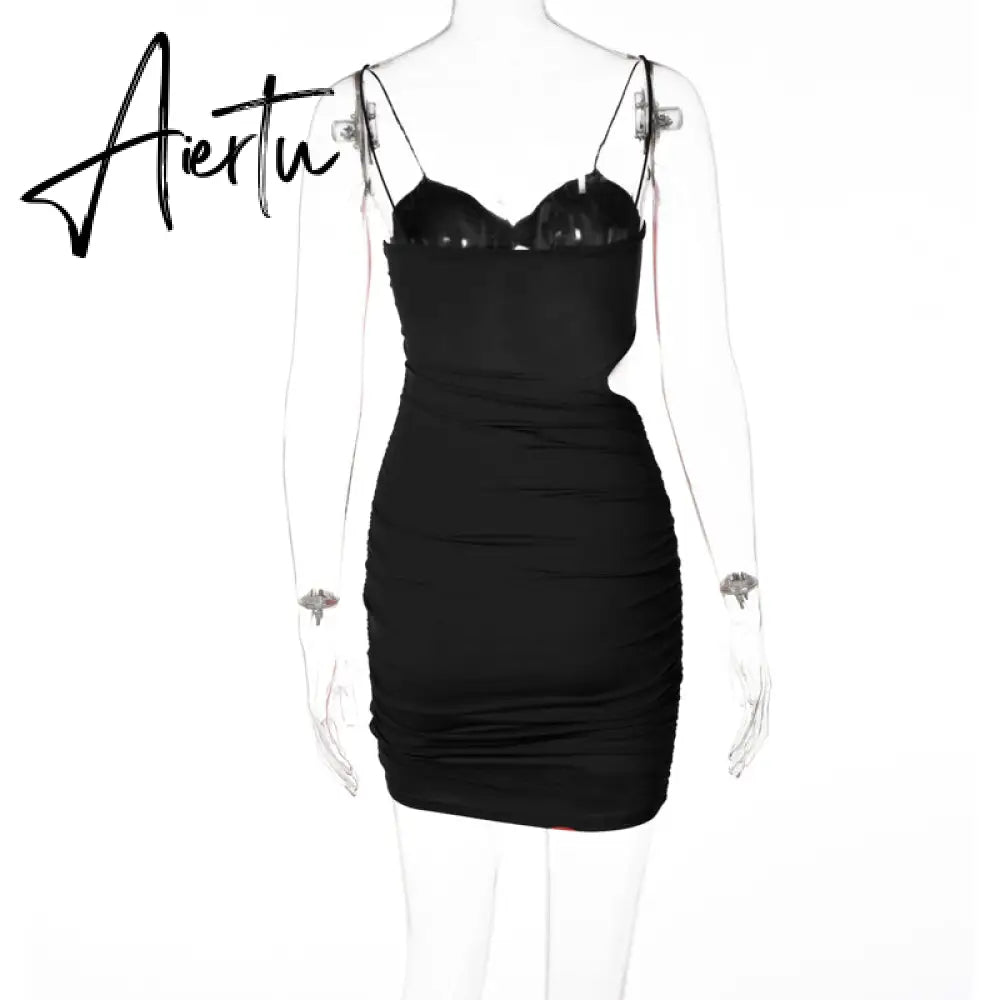 Aiertu Pure Color Slip Sleeveless Hollow Out Pleated Mini Dress Summer Fall Bodycon Sexy Party Club Elegant Y2K Aiertu