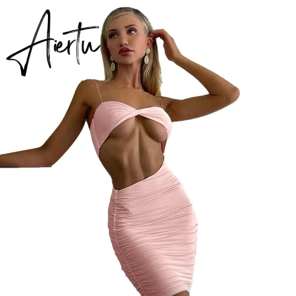 Aiertu Pure Color Slip Sleeveless Hollow Out Pleated Mini Dress Summer Fall Bodycon Sexy Party Club Elegant Y2K Aiertu