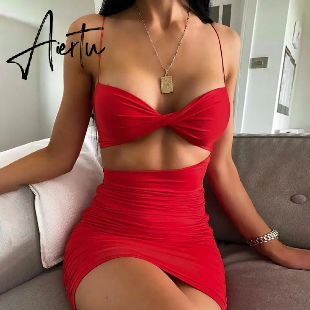 Aiertu Pure Color Slip Sleeveless Hollow Out Pleated Mini Dress Summer Fall Bodycon Sexy Party Club Elegant Y2K Aiertu