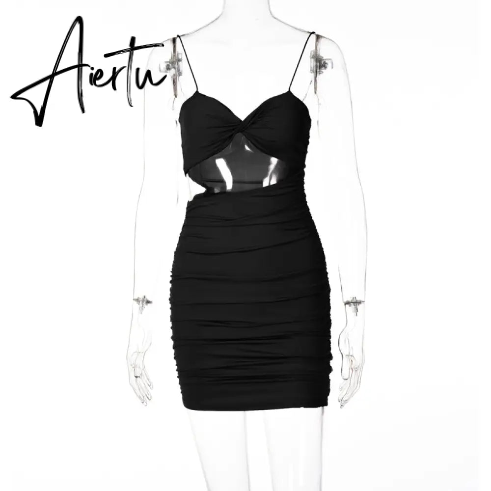 Aiertu Pure Color Slip Sleeveless Hollow Out Pleated Mini Dress Summer Fall Bodycon Sexy Party Club Elegant Y2K Aiertu