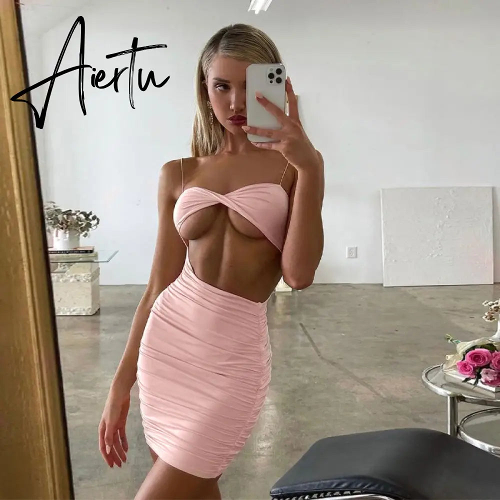 Aiertu Pure Color Slip Sleeveless Hollow Out Pleated Mini Dress Summer Fall Bodycon Sexy Party Club Elegant Y2K Aiertu