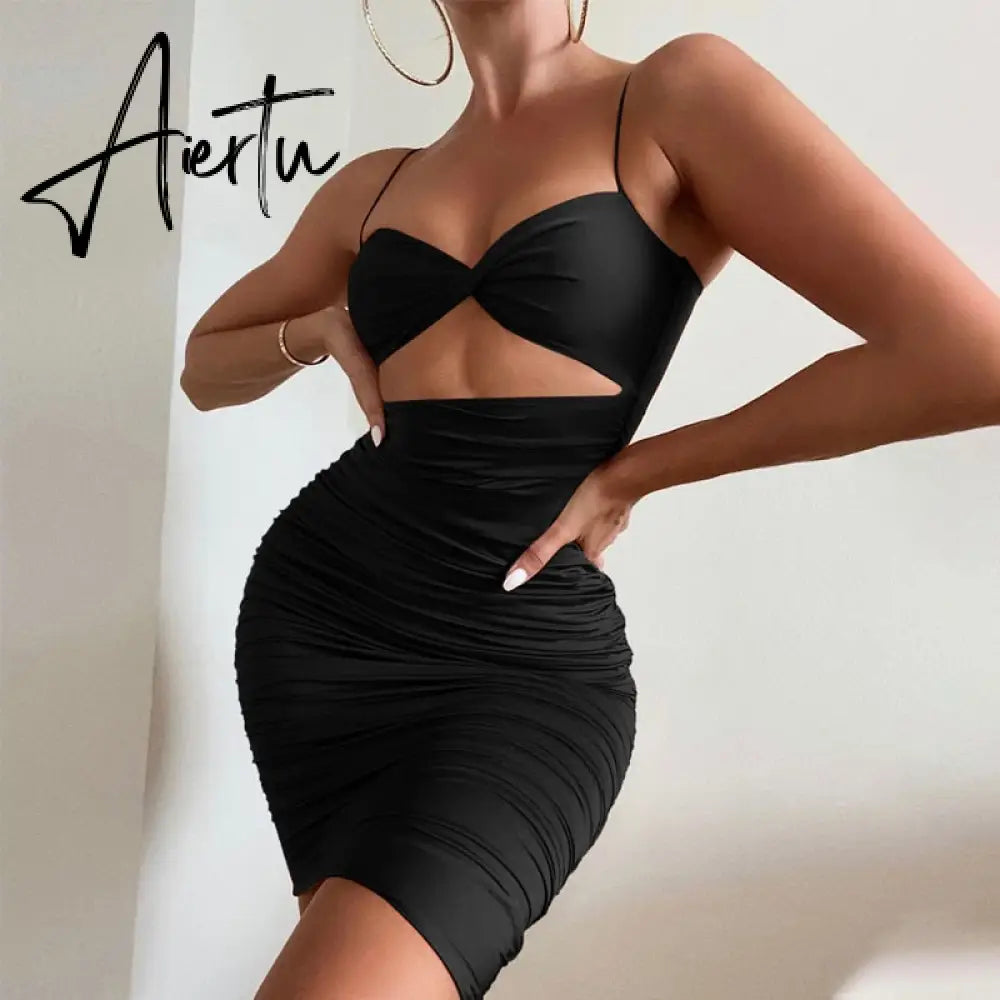 Aiertu Pure Color Slip Sleeveless Hollow Out Pleated Mini Dress Summer Fall Bodycon Sexy Party Club Elegant Y2K Aiertu