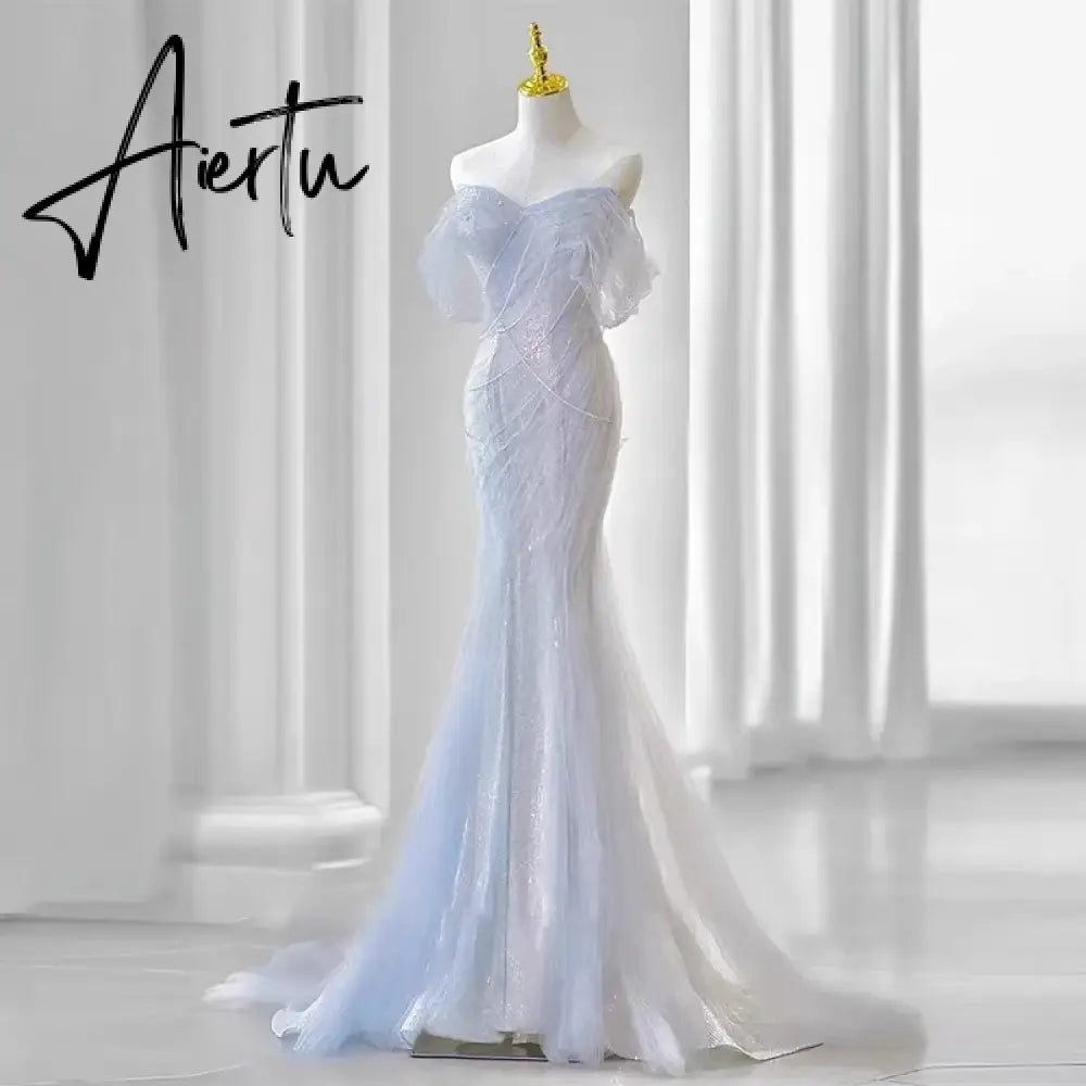 Aiertu Purple Laser Sequin Beaded Mermaid Women Evening Dress with Puff Sleeves Tassel Pearls Tulle Train Prom Gown Aiertu