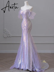 Aiertu Purple Laser Sequin Beaded Mermaid Women Evening Dress with Puff Sleeves Tassel Pearls Tulle Train Prom Gown Aiertu